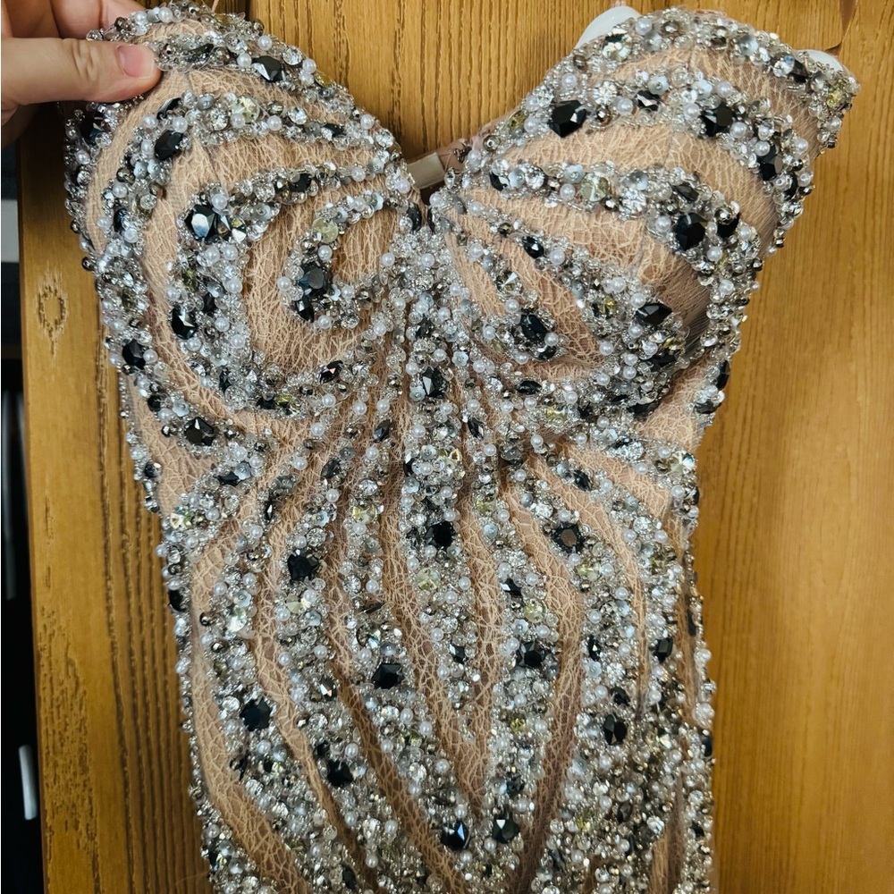 Terani Couture Strapless Beaded Dress in Silver and Black